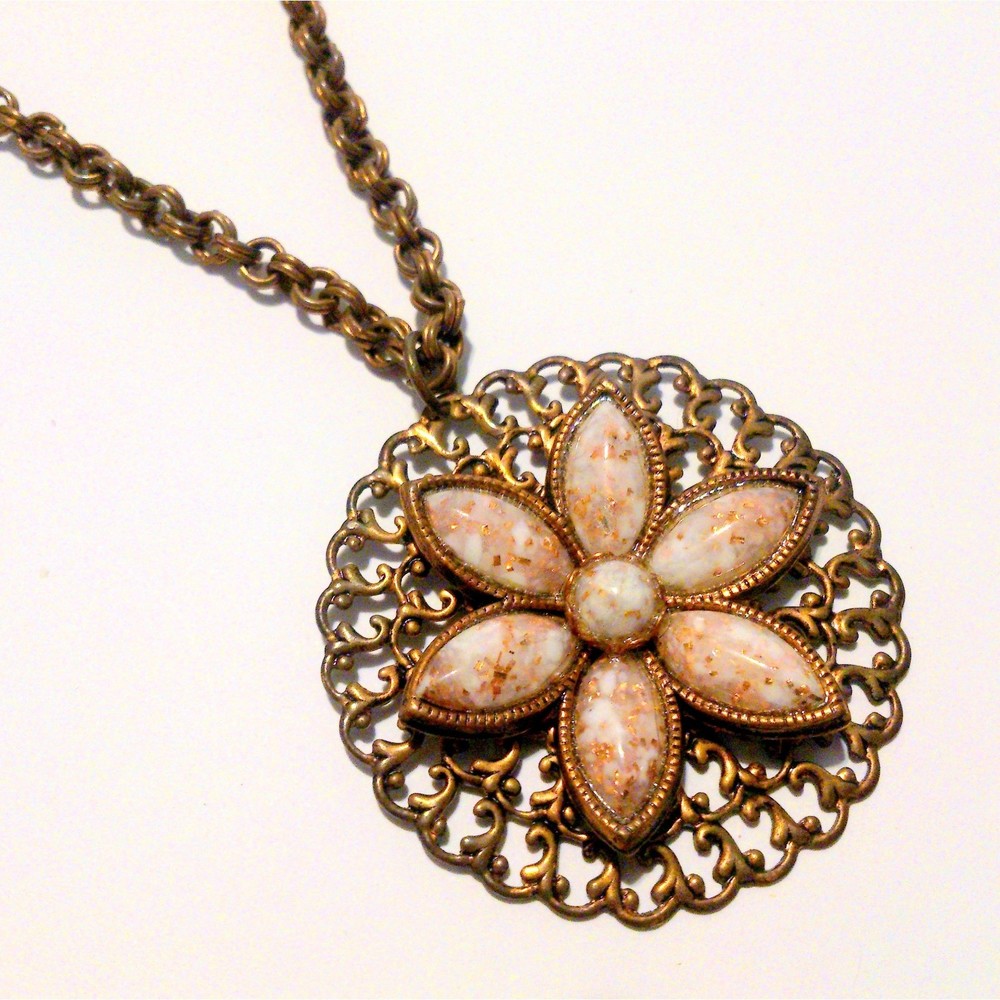 Vintage Mid Century Copper Necklace with Copper Fleck Lucite Flower